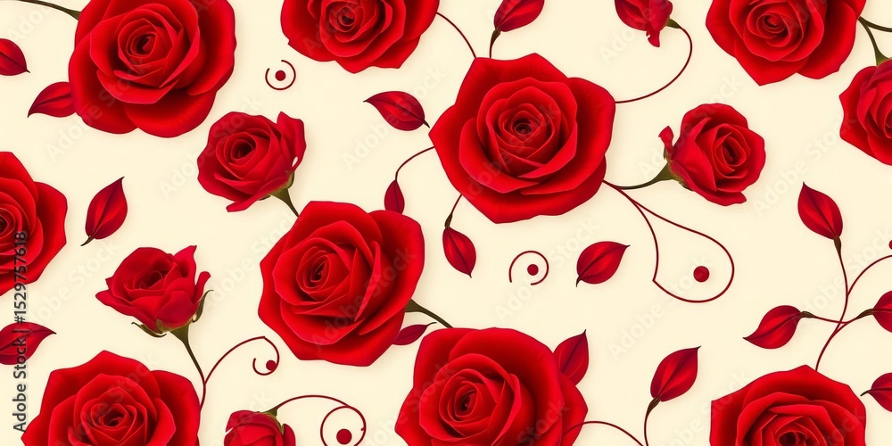 Elegant, swirling pattern of deep red roses on a soft, cream background, vintage background, graphic Elegant, swirling pattern of deep red roses on a soft, cream background, vintage background, graphic