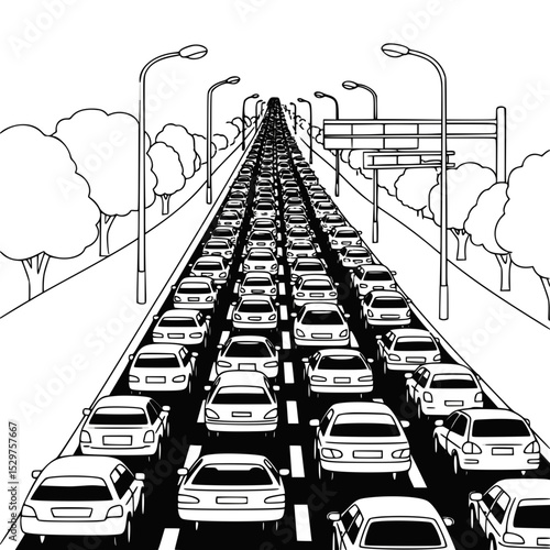 Traffic jam on highway with cars and trees under streetlights  