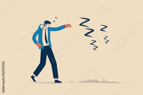 Procrastination and laziness, productivity and professional to fight with resistance and sleepy concept, alert businessman have some coffee wearing boxing gloves to fight with lazy sleepy symbol.