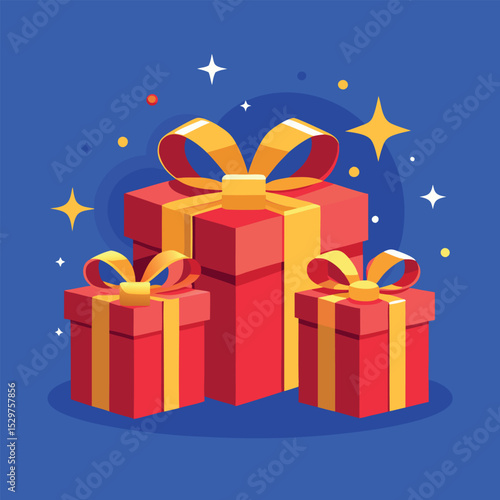 Red gifts with golden bows and ribbons placed on blue background near stars