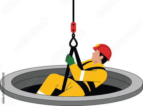 Manhole worker being lifted out of the hole with rope and harness