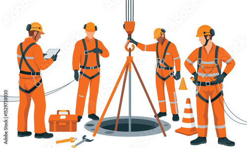 Construction workers in safety gear preparing to enter manhole with tripod