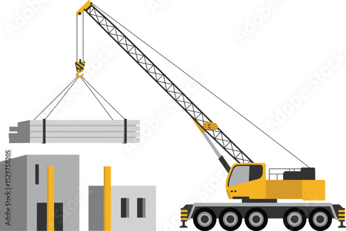 Construction crane lifting concrete blocks for building development on a white background
