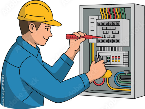 Cartoon electrician inspecting electrical panel with tester and pliers equipment