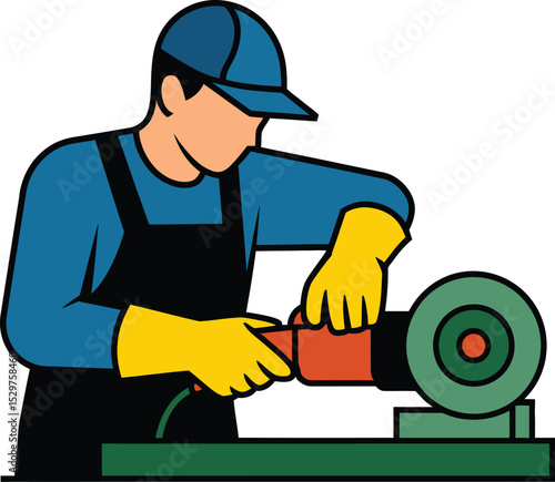 Craftsman grinding metal with bench grinder wearing safety gloves and cap