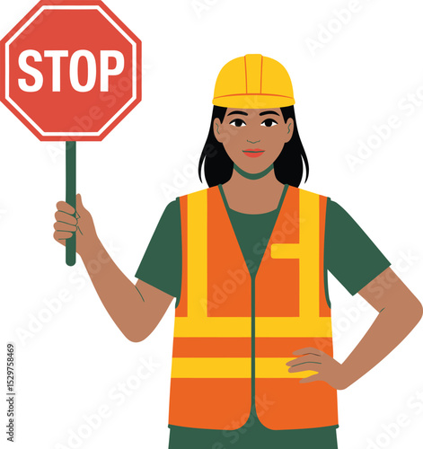 Female construction worker holding stop sign wearing safety vest and hardhat illustration