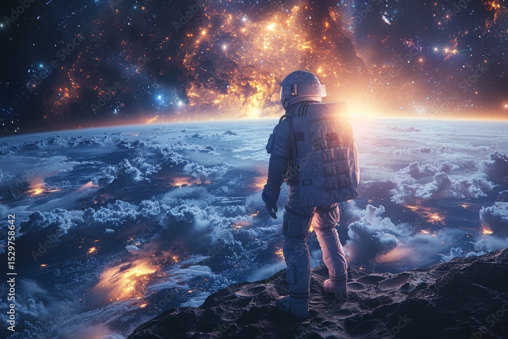 Obraz premium An astronaut stands on a rocky surface, gazing at a vibrant cosmic explosion in the background, representing the vast unknown of the universe and human curiosity.