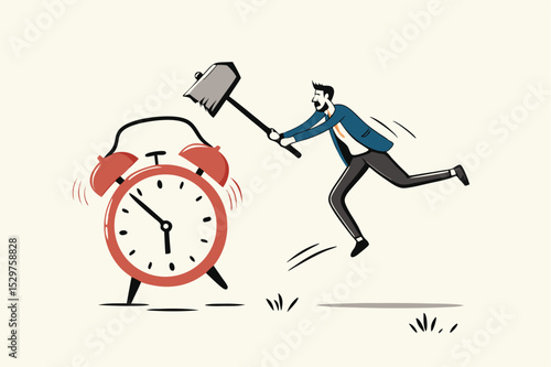 Procrastination postpone to get thing done later, too tight business deadline or cannot finish work in time concept, young man holding big hammer smashing on loud reminding alert alarm clock.