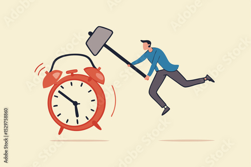 Procrastination postpone to get thing done later, too tight business deadline or cannot finish work in time concept, young man holding big hammer smashing on loud reminding alert alarm clock.