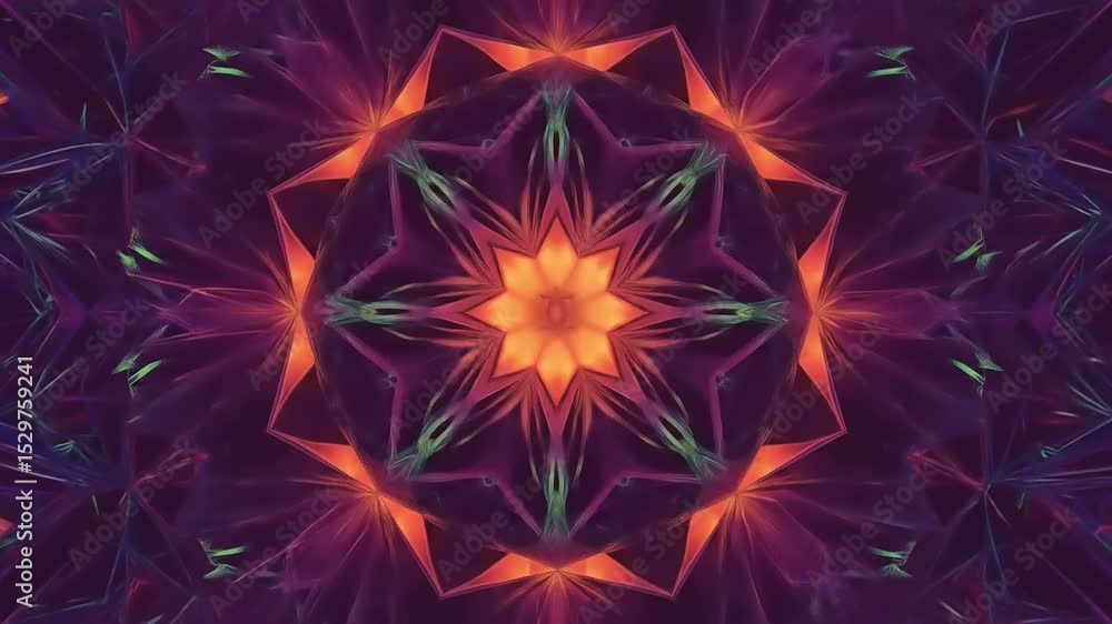 Vibrant kaleidoscopic pattern featuring intricate symmetrical designs in rich purple and orange hues