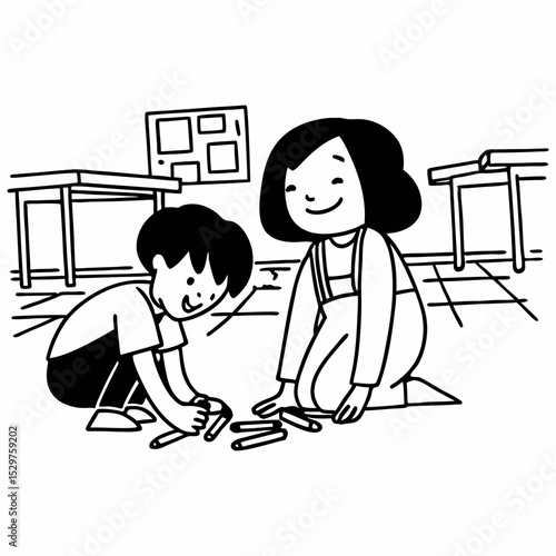 A child helping a classmate pick up crayons from the floor, with a cheerful, cooperative atmosphere.. The drawings should be suitable for children, featuring smooth, bold outlines and gentle expressio