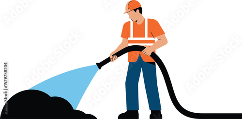 Construction worker cleaning with water hose illustration on white background