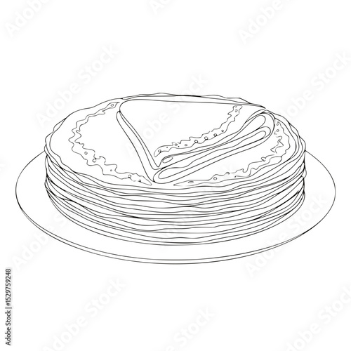 Stack of thin pancakes with decorative frosting on a round plate  