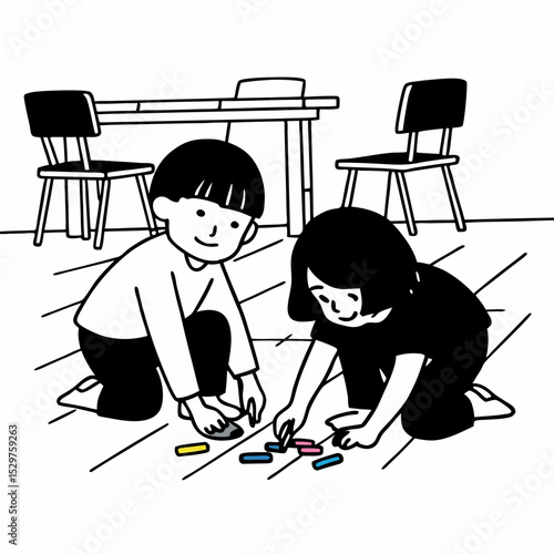 A child helping a classmate pick up crayons from the floor, with a cheerful, cooperative atmosphere.. The drawings should be suitable for children, featuring smooth, bold outlines and gentle expressio