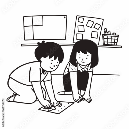 A child helping a classmate pick up crayons from the floor, with a cheerful, cooperative atmosphere.. The drawings should be suitable for children, featuring smooth, bold outlines and gentle expressio