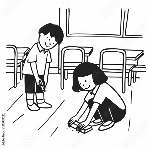 A child helping a classmate pick up crayons from the floor, with a cheerful, cooperative atmosphere.. The drawings should be suitable for children, featuring smooth, bold outlines and gentle expressio