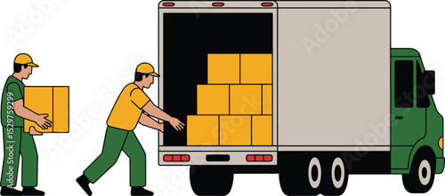 Two delivery men unloading and carrying cardboard boxes from a delivery truck