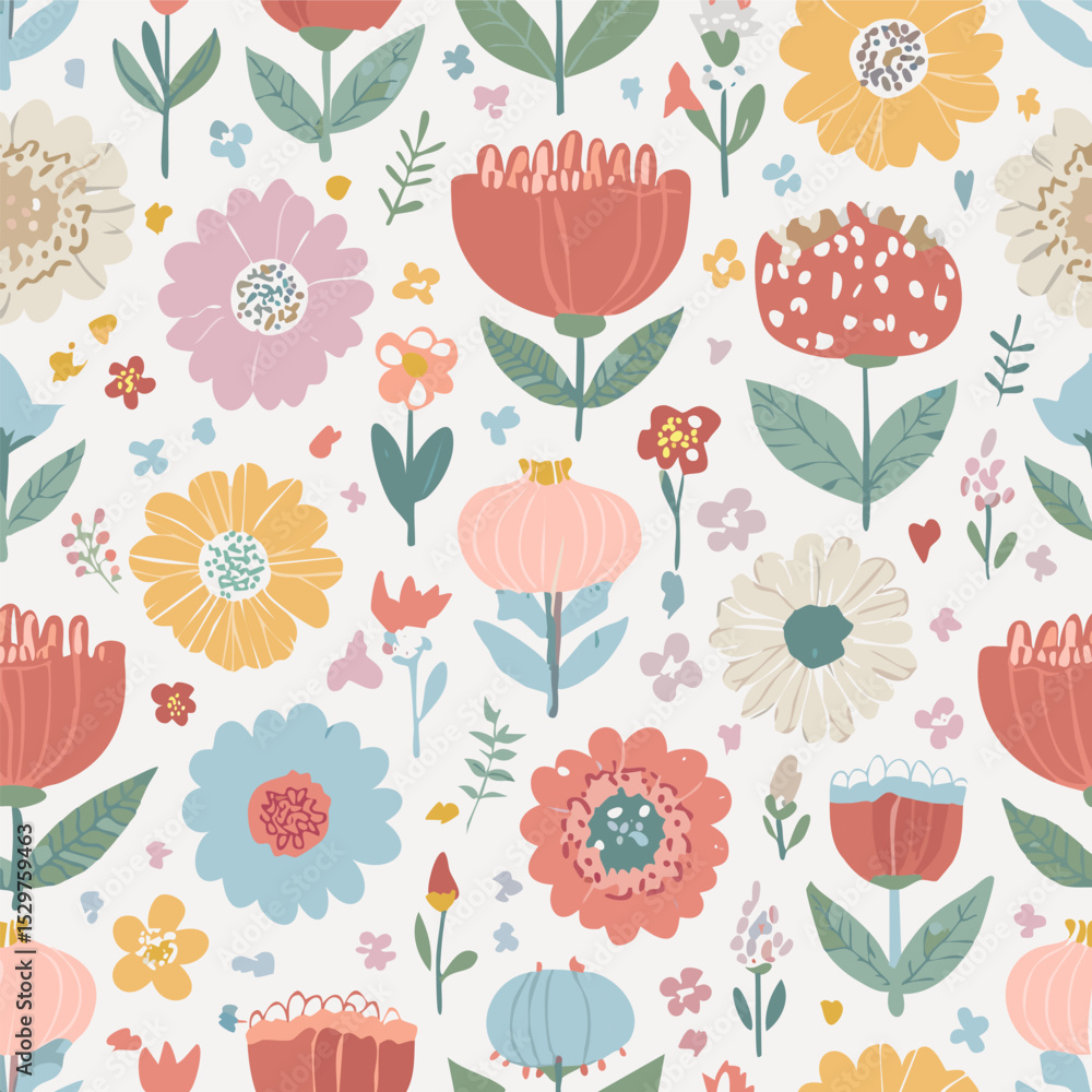 Seamless vector pattern with abstract poppy, daisy, camomile, dandelion flowers and branches. Cute country style floral background. Vintage cottagecore. Wallpaper, wrapping paper, surface design Seamless vector pattern with abstract poppy, daisy, camomile, dandelion flowers and branches. Cute country style floral background. Vintage cottagecore. Wallpaper, wrapping paper, surface design