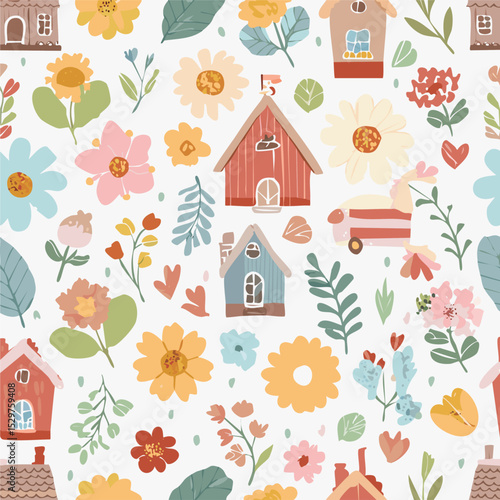 Seamless vector pattern with abstract poppy, daisy, camomile, dandelion flowers and branches. Cute country style floral background. Vintage cottagecore. Wallpaper, wrapping paper, surface design