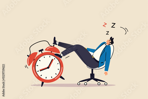 Afternoon slump, laziness and procrastination postpone work to do later, boredom and sleepy work concept, businessman sleeping lay down on office chair and alarm clock covered his face with book.