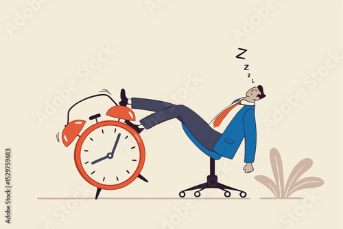Afternoon slump, laziness and procrastination postpone work to do later, boredom and sleepy work concept, businessman sleeping lay down on office chair and alarm clock covered his face with book.