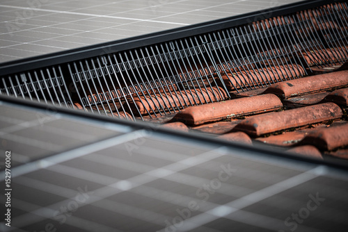 Bird protection guard on solar panel edge with roof tiles visible  
