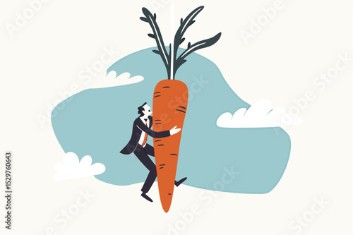 Motivation and incentive to motivate employee, reward or trick to influence people or manipulation concept, seduced businessman jump in the air to catch tempting carrot baiting lure from the stick.