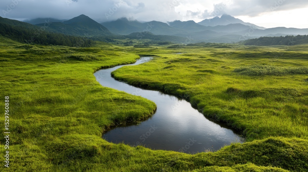 Fototapeta premium This serene image features a winding stream flowing through vibrant green meadows against a backdrop of majestic mountains, symbolizing the harmony of nature and tranquility.