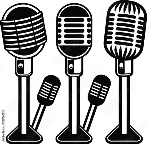 A collection of microphones black and white silhouette art