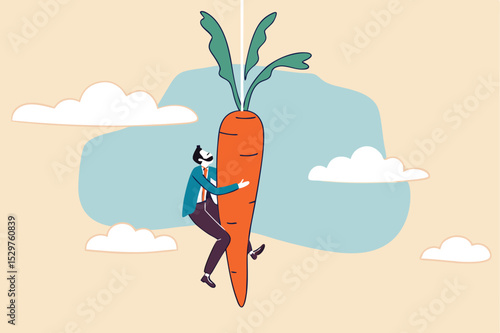 Motivation and incentive to motivate employee, reward or trick to influence people or manipulation concept, seduced businessman jump in the air to catch tempting carrot baiting lure from the stick.