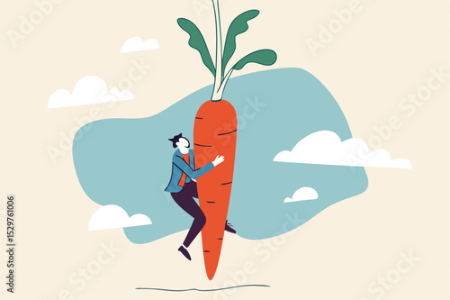 Motivation and incentive to motivate employee, reward or trick to influence people or manipulation concept, seduced businessman jump in the air to catch tempting carrot baiting lure from the stick.
