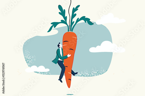 Motivation and incentive to motivate employee, reward or trick to influence people or manipulation concept, seduced businessman jump in the air to catch tempting carrot baiting lure from the stick.