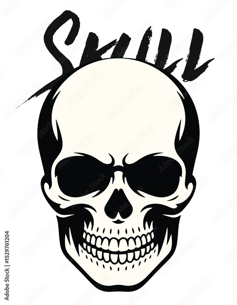 Fototapeta premium Minimalist Vector Skull Face with Aggressive Expression, Dripping Mouth, and Sharp Features Black Ink Silhouette Tattoo Stencil Art on White Background