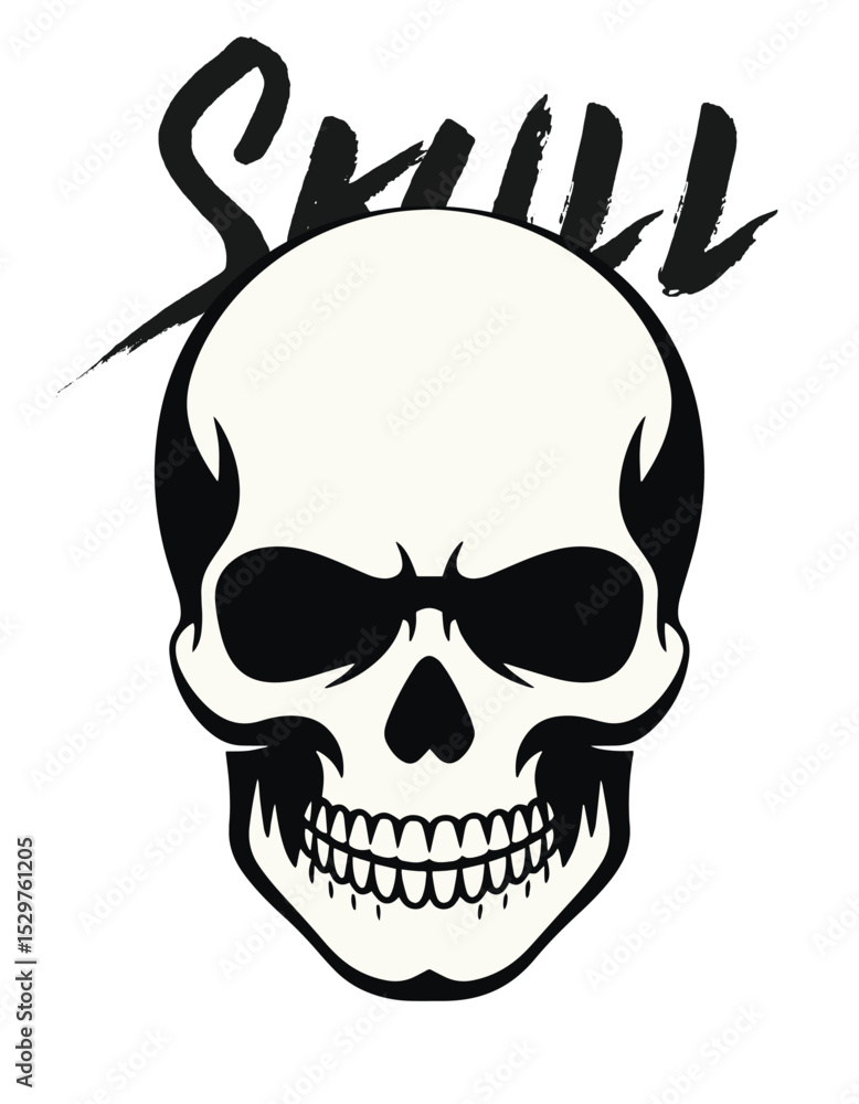 Obraz premium Minimalist Vector Skull Face with Aggressive Expression, Dripping Mouth, and Sharp Features Black Ink Silhouette Tattoo Stencil Art on White Background