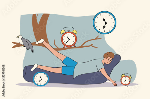 Laziness, low energy overworked man or unproductive procrastination concept, office man sleeping with no power cannot wake up in the morning after fatigue overwork low moral don't want to go to work.