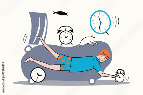 Laziness, low energy overworked man or unproductive procrastination concept, office man sleeping with no power cannot wake up in the morning after fatigue overwork low moral don't want to go to work.