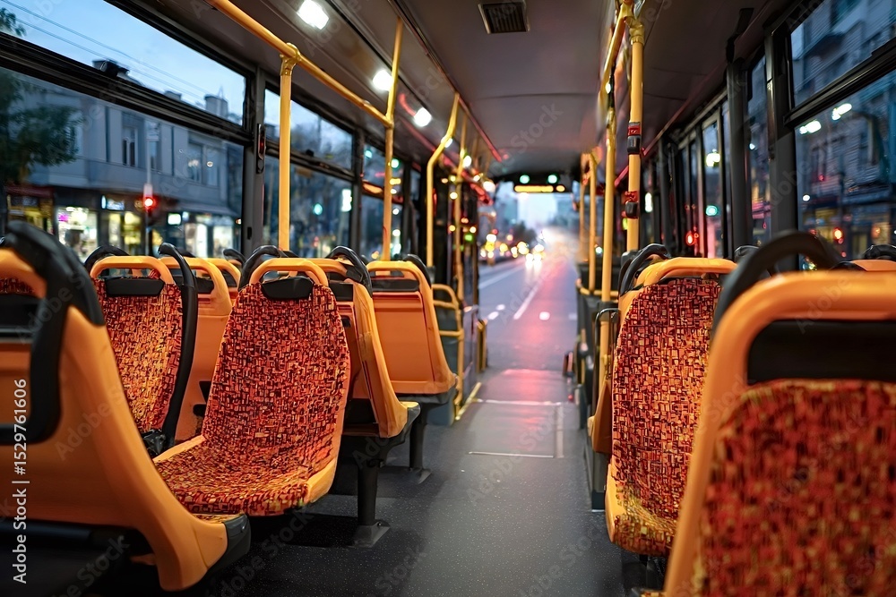 Fototapeta premium Empty bus driving through city at dusk with interior view showing orange seats
