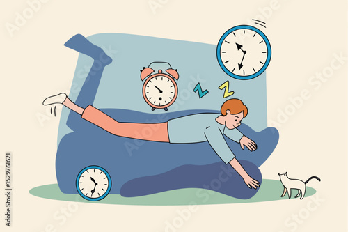 Laziness, low energy overworked man or unproductive procrastination concept, office man sleeping with no power cannot wake up in the morning after fatigue overwork low moral don't want to go to work.
