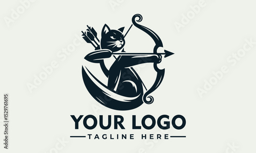 Focused dark silhouette illustration of a cat drawing back a traditional bow with several arrows ready to shoot. Feline archery concept