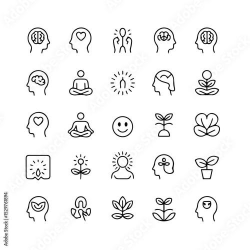 mental health icons, emotional wellbeing, personal growth icons, self-care vector, wellness outline icons, meditation icon, healing icons, minimalist icons, line art vector, therapy support icons