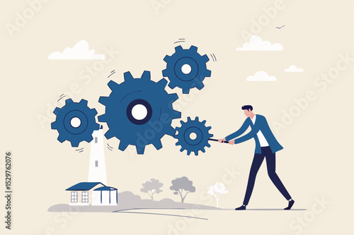 Business work flow, leadership to drive team and initiate productivity and efficiency working process concept, smart businessman manager use all his power and skill to rotate group of cogwheels gear.