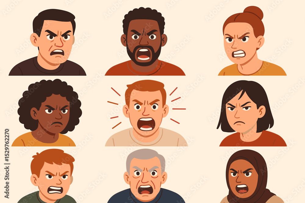 Collection of aggressive facial expressions. Diverse group of angry people shouting and yelling. Multicultural men, women, and seniors feeling rage, stress, and conflict. Vector set. Collection of aggressive facial expressions. Diverse group of angry people shouting and yelling. Multicultural men, women, and seniors feeling rage, stress, and conflict. Vector set.