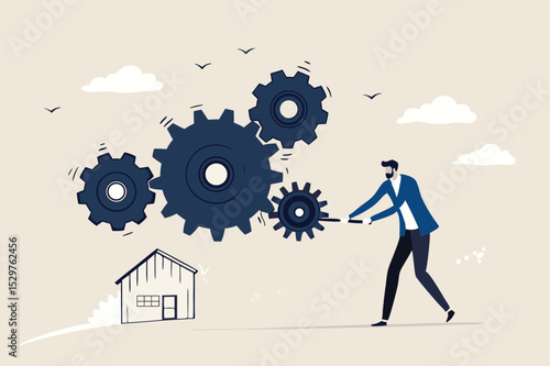 Business work flow, leadership to drive team and initiate productivity and efficiency working process concept, smart businessman manager use all his power and skill to rotate group of cogwheels gear.