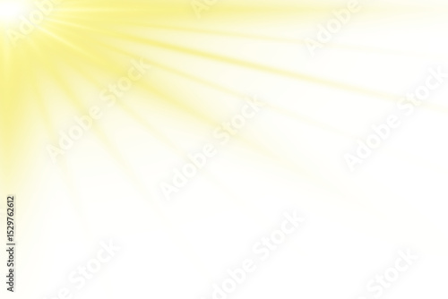 Yellow sunlight rays with soft glow from the top on transparent background, corner sunlight overlay, warm flare design, soft radiance from top edge