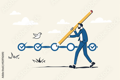Project tracking, goal tracker, task completion or checklist to remind project progress concept, businessman project manager holding big pencil to check completed tasks in project management timeline.