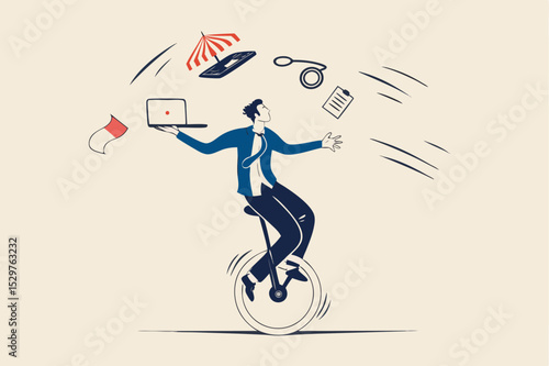 Productive master, productivity and project management skill, multitasking work and time management concept, skillful businessman riding unicycle juggling elements, laptop, calendar, ideas and emails.