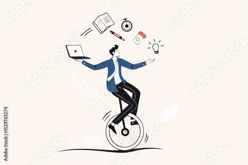 Productive master, productivity and project management skill, multitasking work and time management concept, skillful businessman riding unicycle juggling elements, laptop, calendar, ideas and emails.