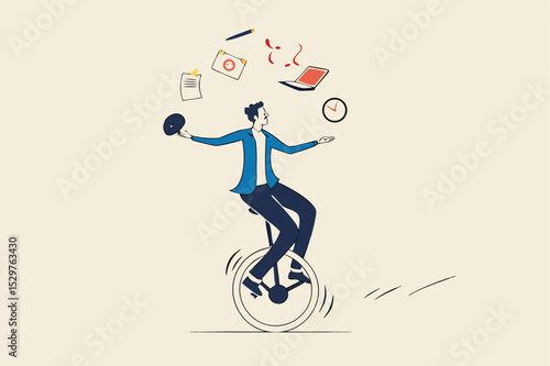 Productive master, productivity and project management skill, multitasking work and time management concept, skillful businessman riding unicycle juggling elements, laptop, calendar, ideas and emails.