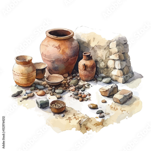 watercolor of Archaeological Excavations, vector, isolated on a white background.