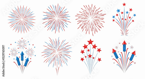High-quality image of eight distinct, realistic fireworks in red and blue bursts, with streaks, star-shaped tips, and rockets, all with fine details and suitable for vector use.